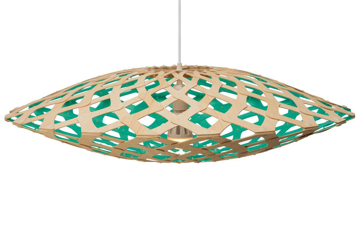 Flax light by David Trubridge in painted aqua