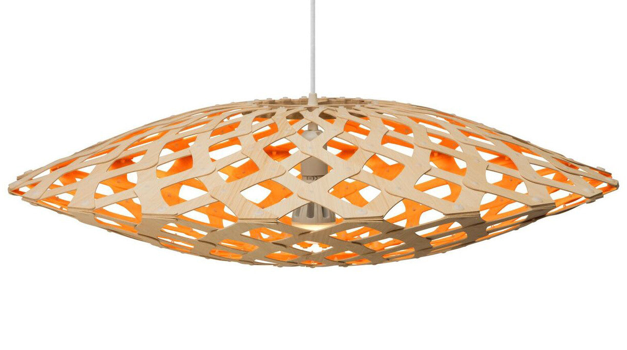 Flax light by David Trubridge in painted orange